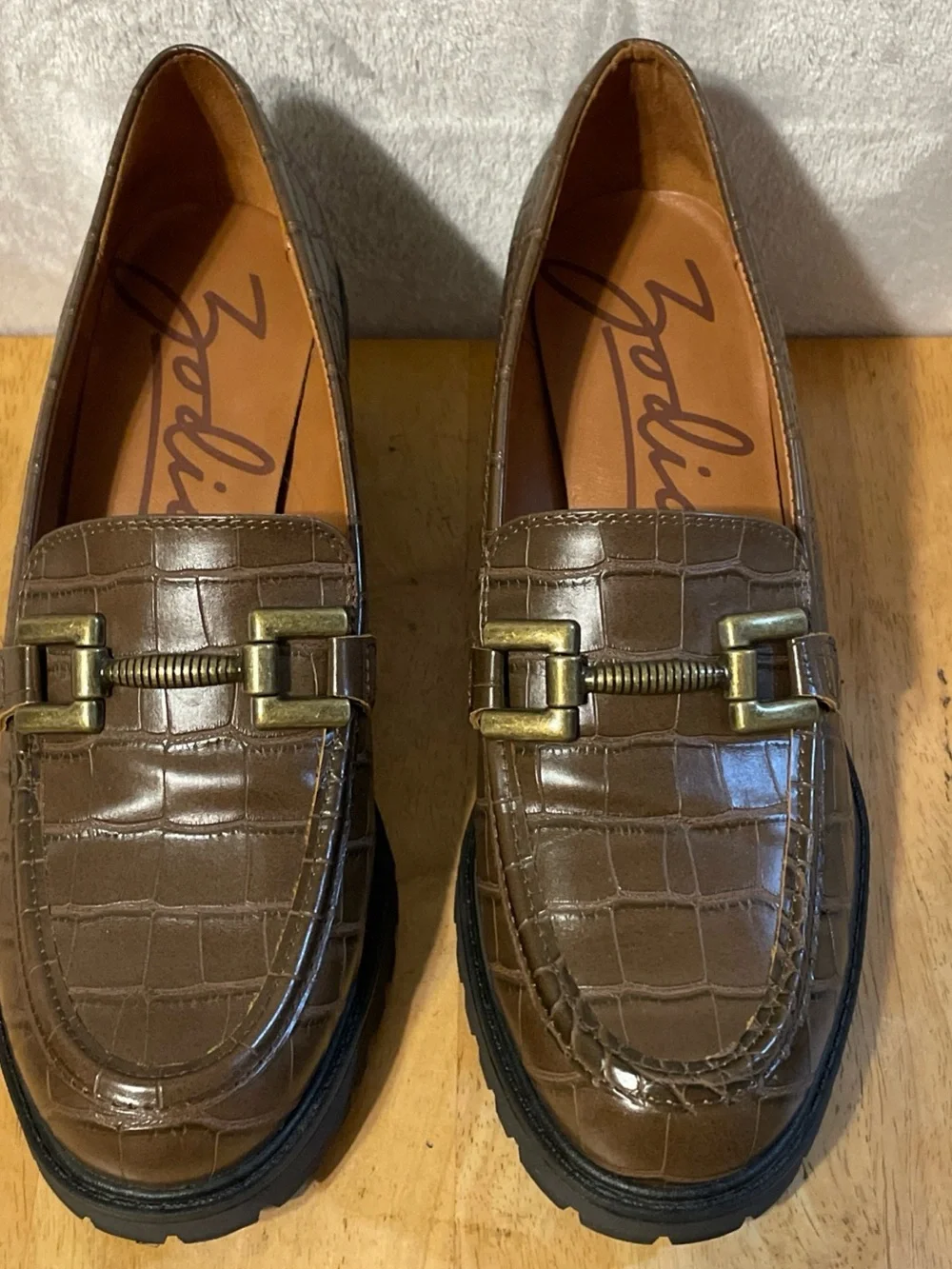 Zodiac Brown Croc-Embossed Platform Loafers with Brass-Tone Bit